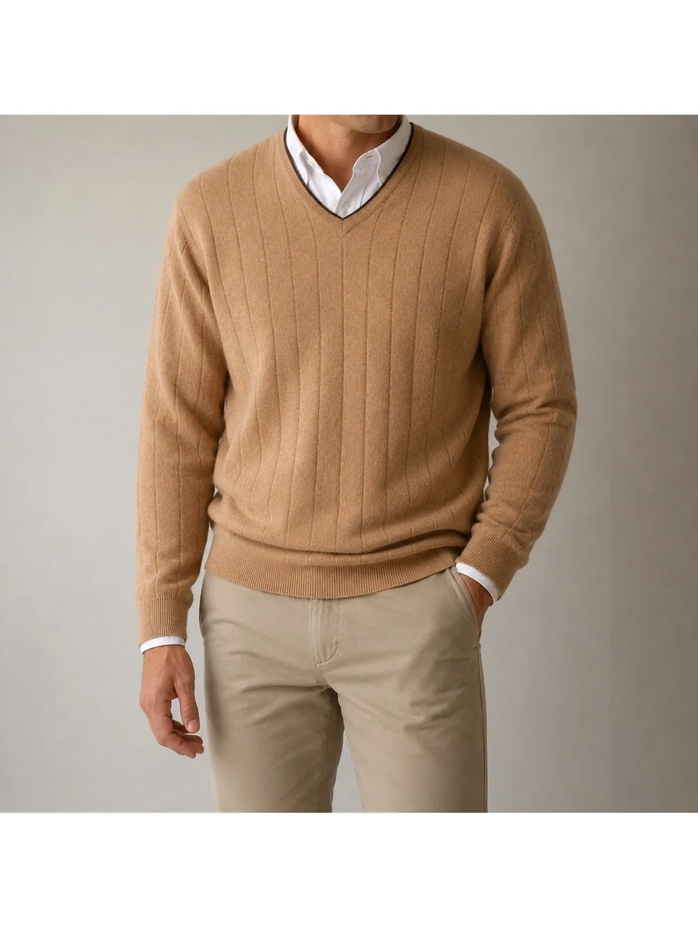 Club Room 100% Cashmere V-Neck Sweater Men’s Large Camel Tan Ribbed Knit Fall